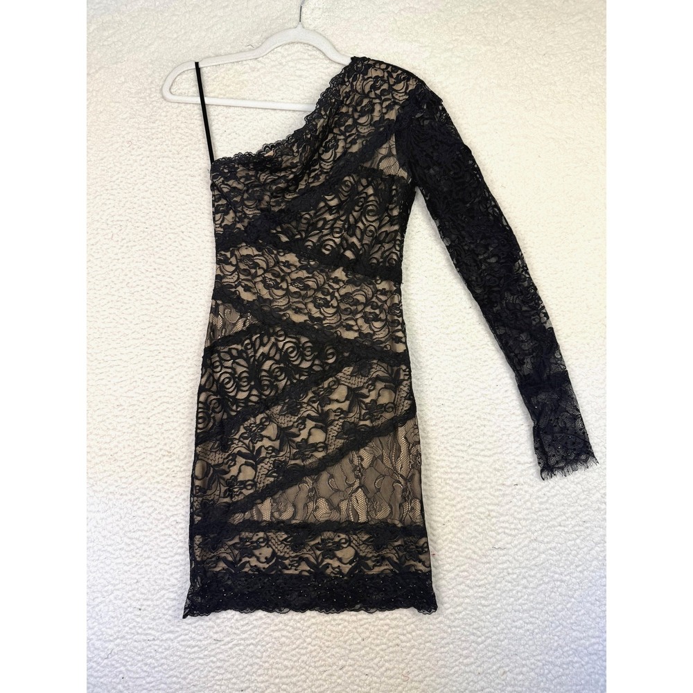 Bebe Dress Womens Small Black Lace One Shoulder Whimsygoth Lace Dark Pixie Fairy